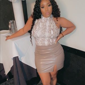 Snake print bodysuit top and pleather skirt